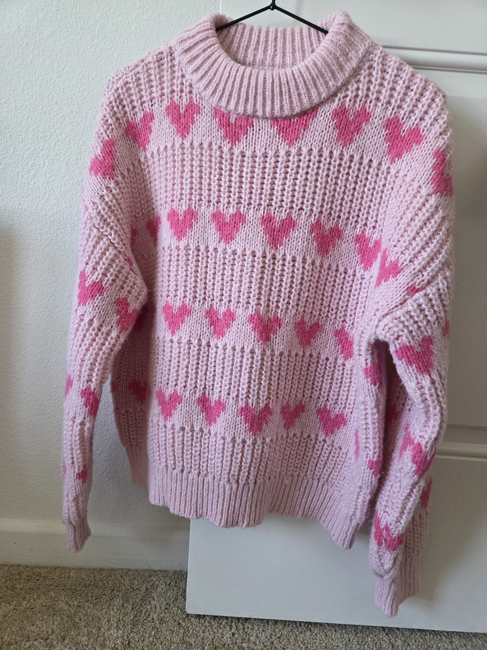 Pink Heart Pattern Chunky Knit Turtleneck Sweater Coquette Y2K Size M